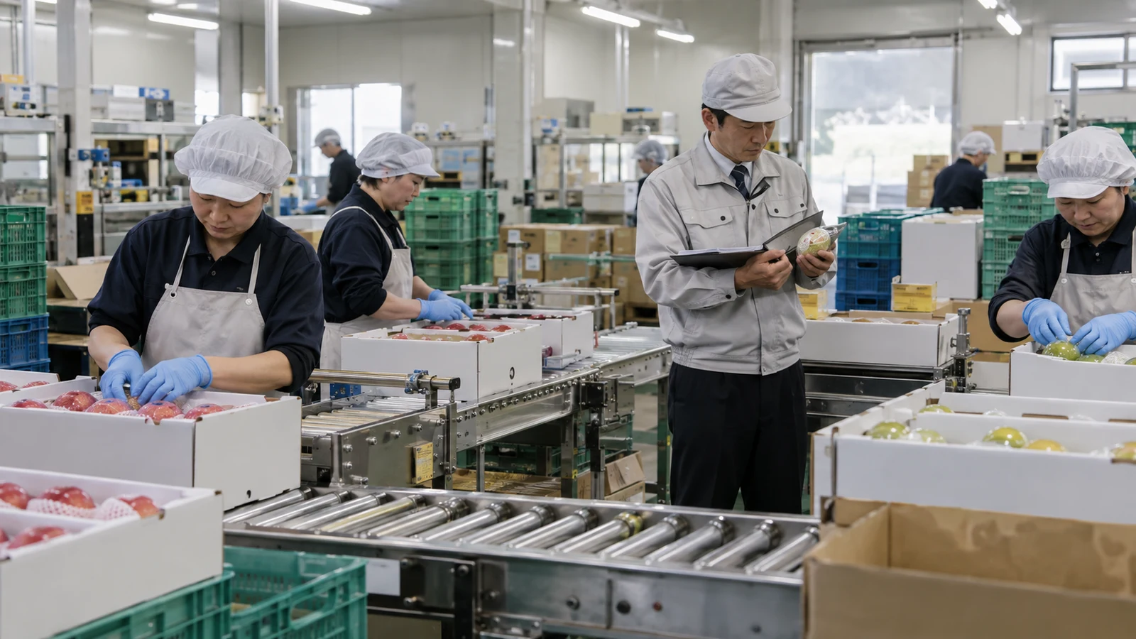 地域産品の包装施設で、作業員がGI対象ロットと一般品を色分けし、包装資材、出荷箱、ロット票を照合している。