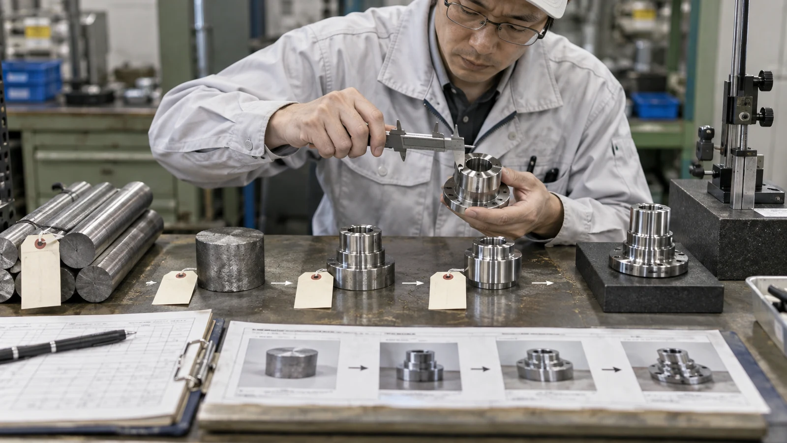 製造工場の検査台で、担当者が金属部品の製造ロット票、原材料証明書、工程記録、試験片番号を順番に照合している。