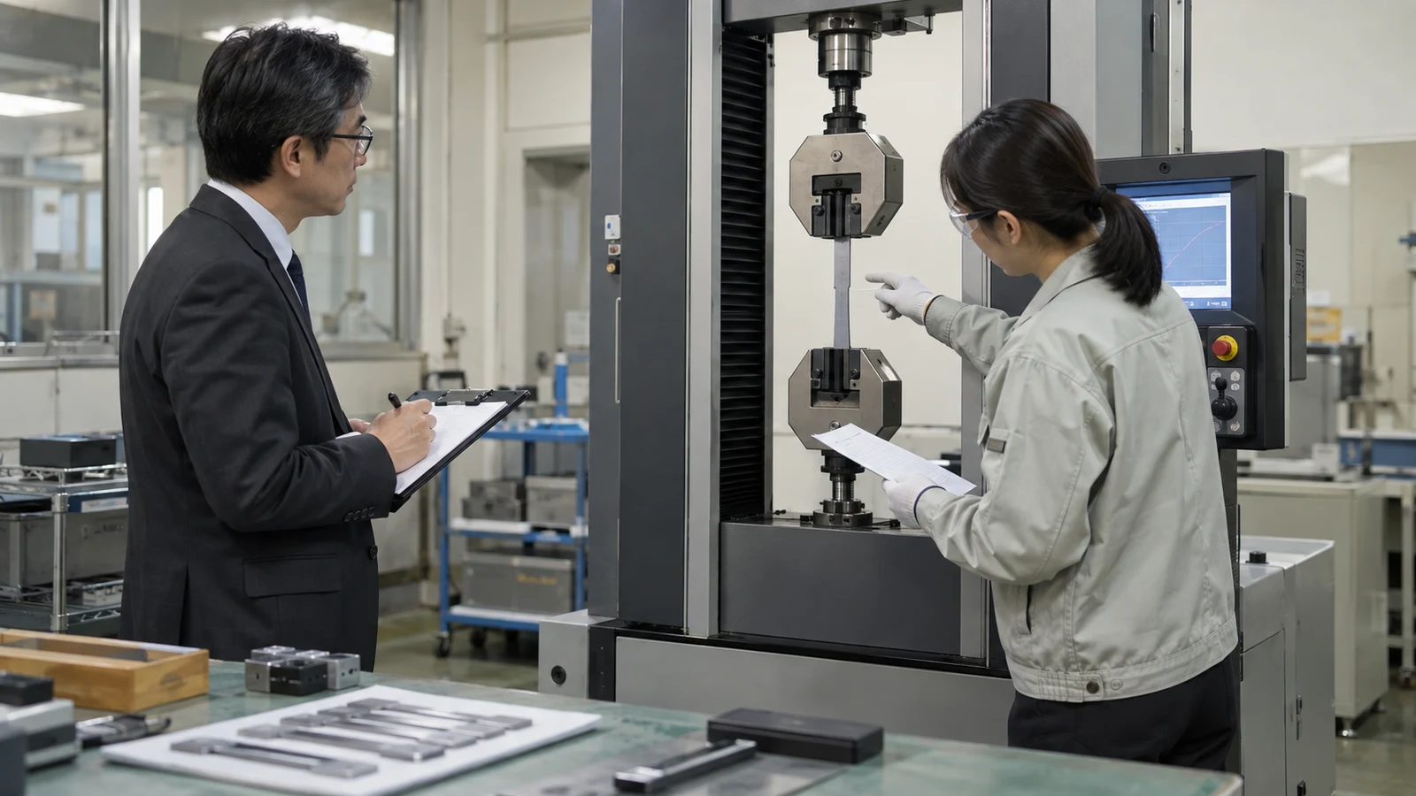 材料試験室で、審査員と工場担当者が引張試験機の表示、試験片番号、校正ラベル、測定結果を立会い確認している。