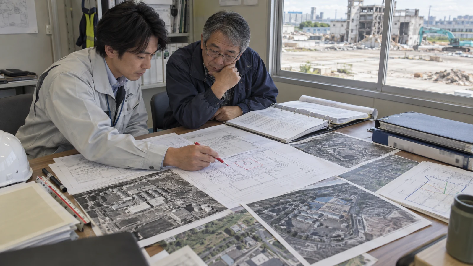 閉鎖工場の会議室で、調査担当者が年代別の航空写真、旧設備配置図、薬品台帳、事故記録を透明な敷地図へ重ねている。