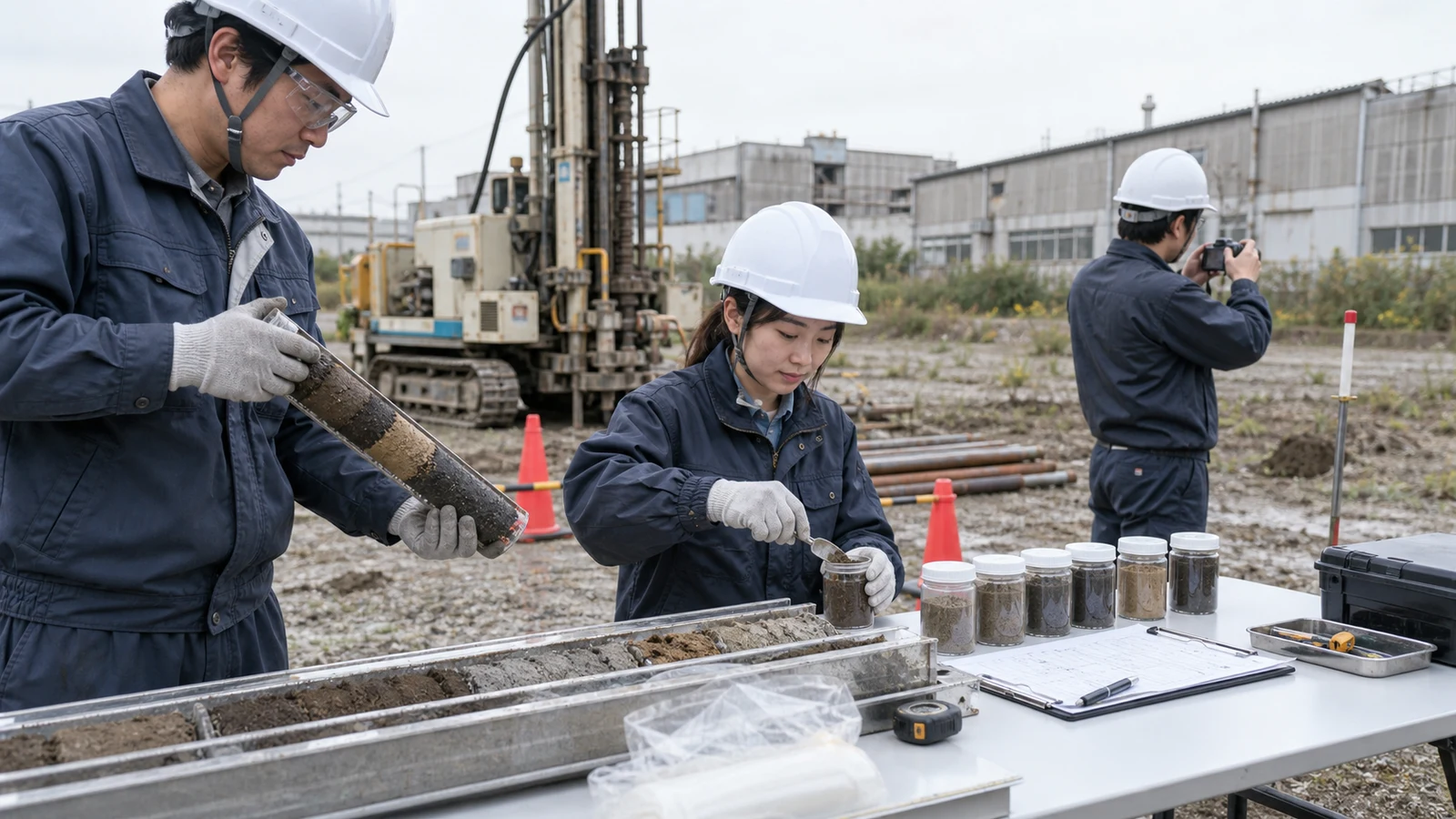 工場跡地のボーリング調査で、技術者が採取深度ごとの土壌コアを容器へ封入し、位置座標と試料引渡票を記録している。