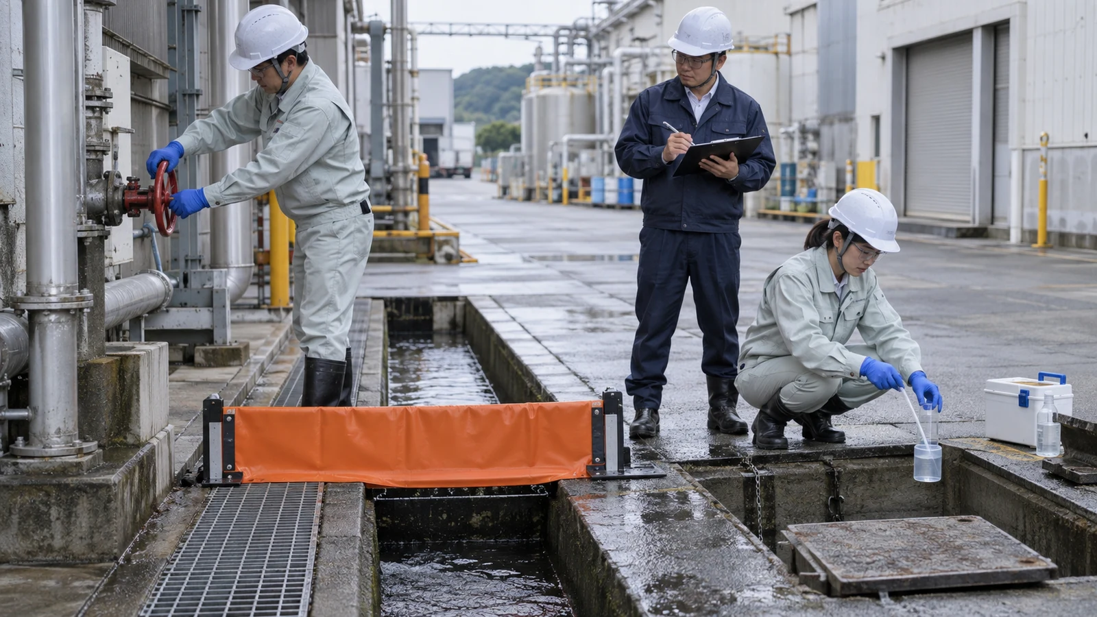 化学工場の漏えい訓練で、作業員が送液バルブを遮断し、排水溝を閉止し、吸着材で薬液を回収している。
