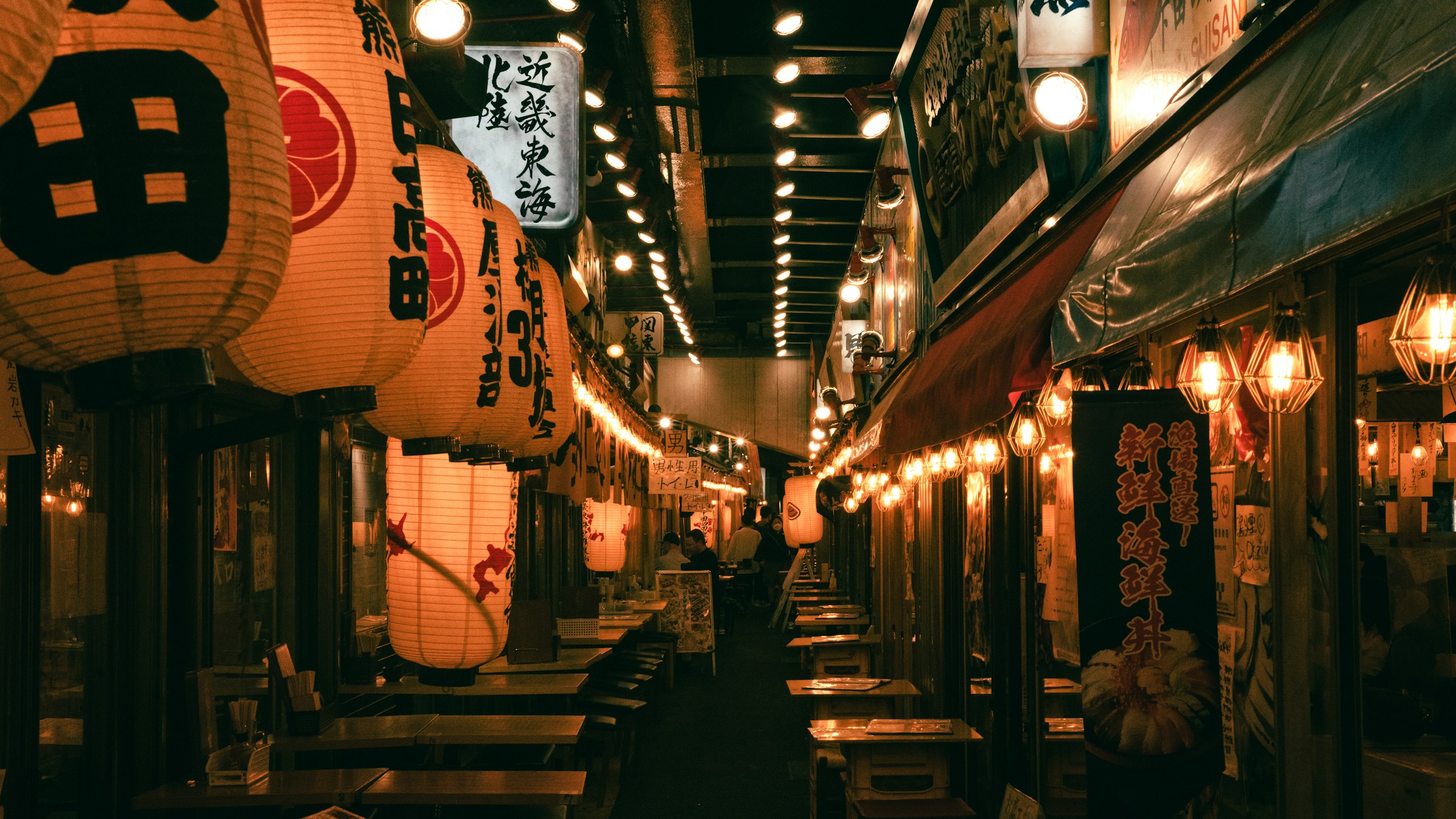東京有楽町の高架下の居酒屋通り。赤い大提灯と店内の温かい光、奥に続く居酒屋の連なりが、業態としての街の居酒屋の風景を象徴する一枚。