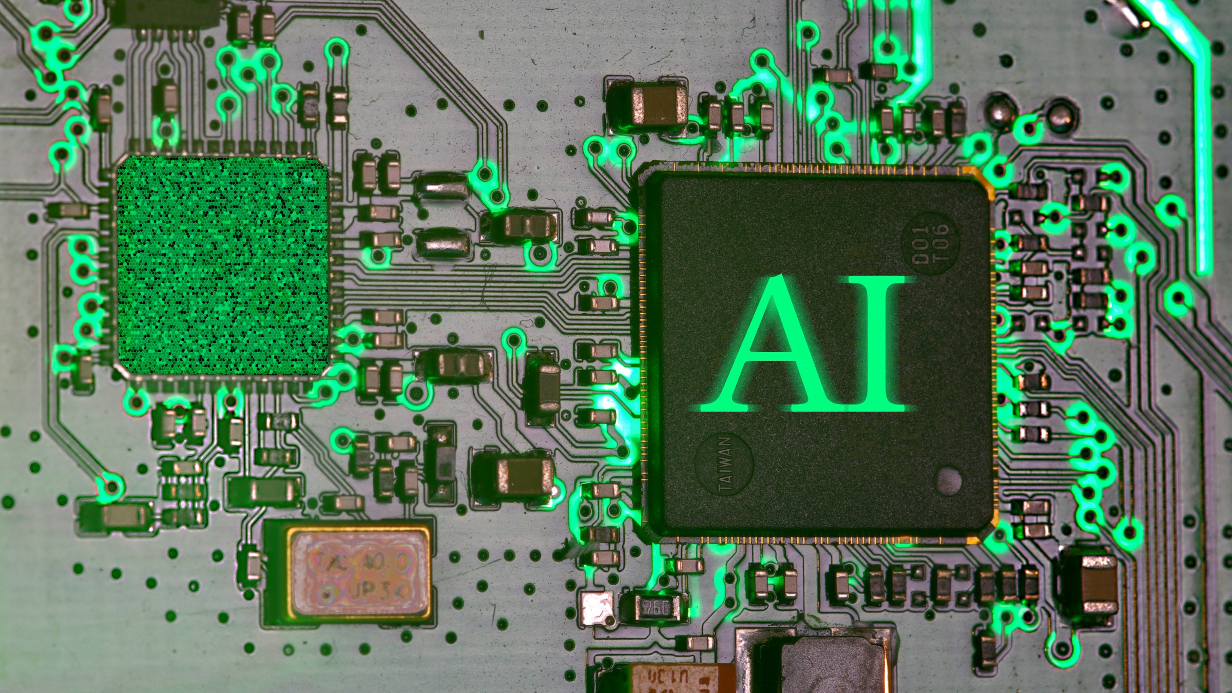 基板上で青く光るAIチップ。