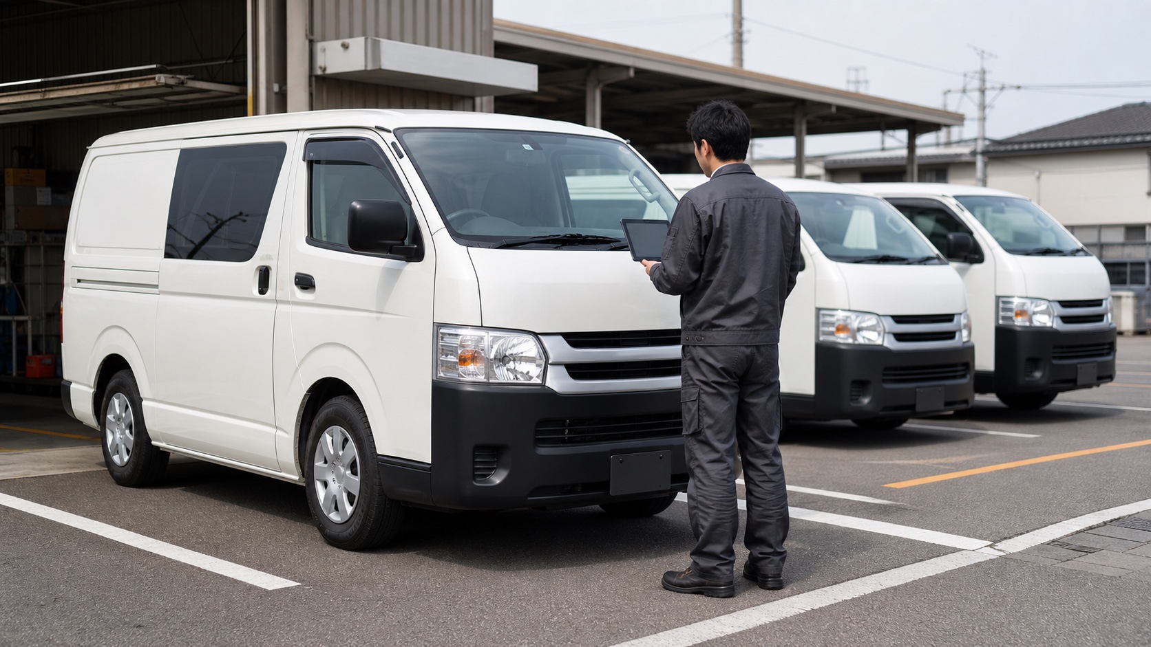 業務車両の返却前に走行距離と外装状態を確認する管理担当者